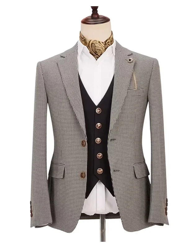 Light Grey 3 Piece Notch Lapel Suit With Dark Coffee Waistcoat