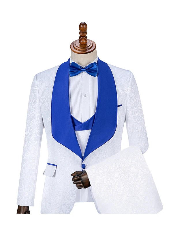 White 3 Pieces Jacquard Bespoke Tuxedo With Blue Shawl Lapel