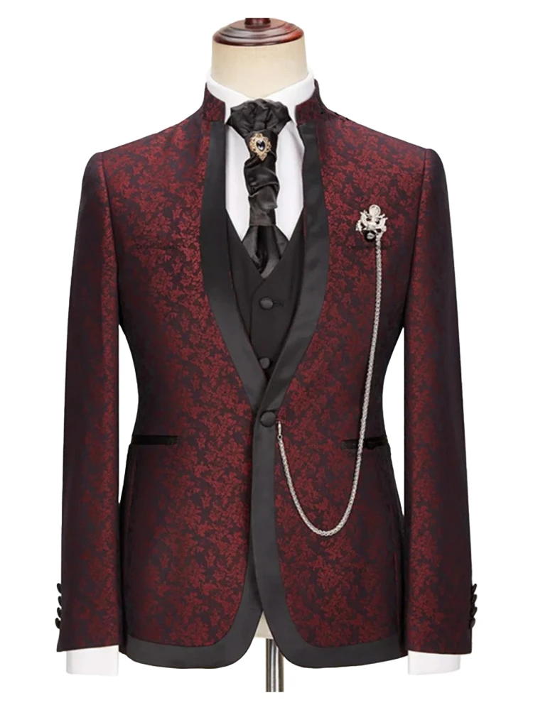 Burgundy Jacquard 3 Piece Wedding Suit with Special Lapel