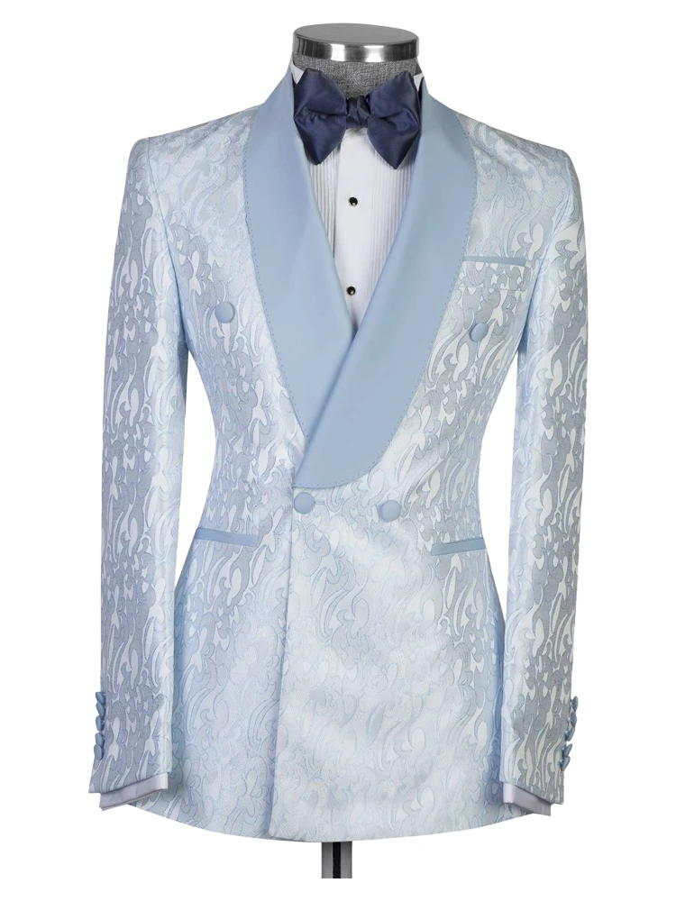 Blue Jacquard Double Breasted Shawl Lapel Suit