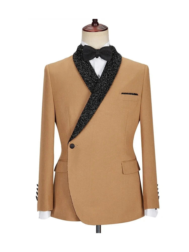Khaki Sparkling 2 Piece Shawl Lapel One Button Suit