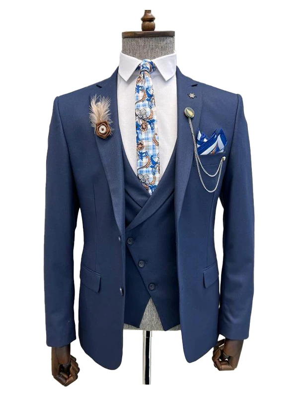 Dark Navy Blue Notch Lapel Men's Party 3 Piece Suit