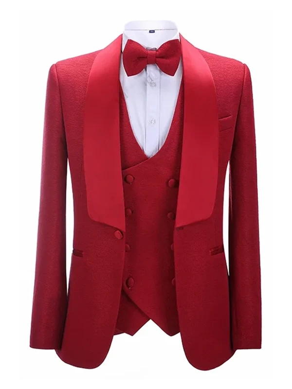 Red Shawl Lapel Slim Fit Wedding 3 Piece Suit