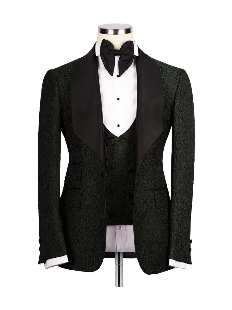 Dark Green 3 Piece Jacquard Shawl Lapel Wedding Tuxedo