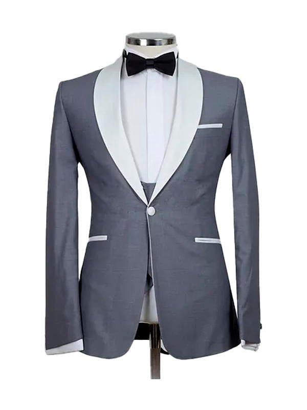 Silver 3 Piece White Shawl Lapel Classic Suit