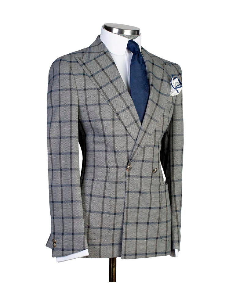 Gray 2 Piece Chic Plaid Peak Lapel Suits