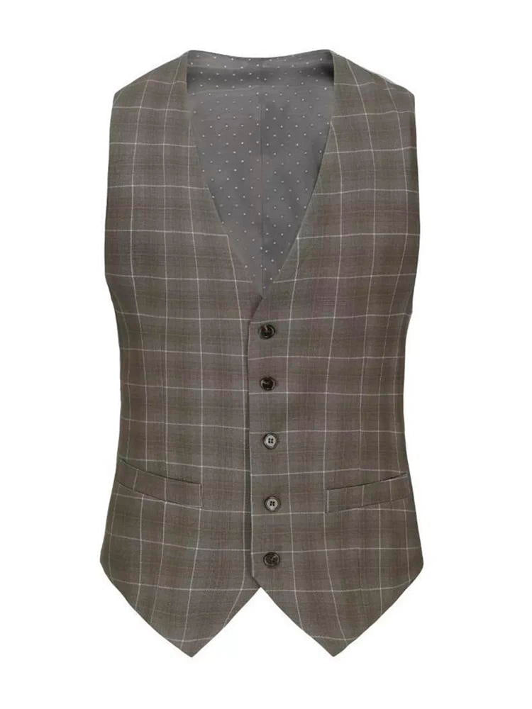 Taupe 3 Piece Slim Fit Elegant Plaid Suit