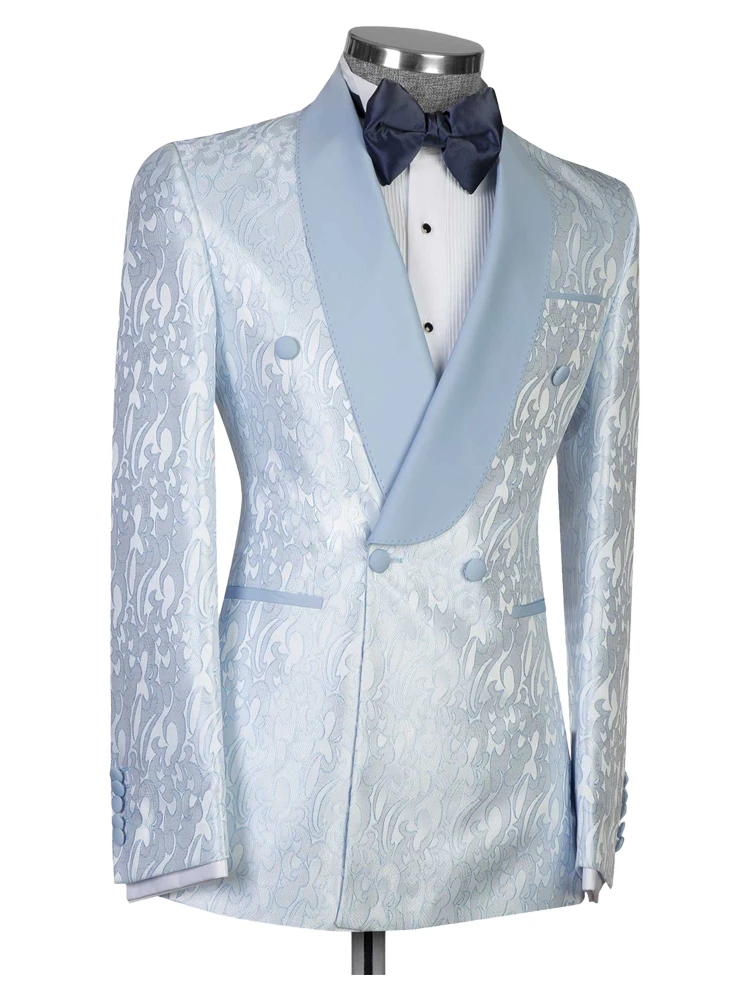 Blue Jacquard Double Breasted Shawl Lapel Suit