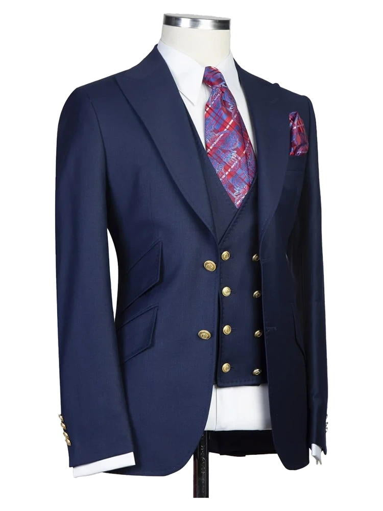 Navy Blue Peak Lapel Men's 3 Piece Suit