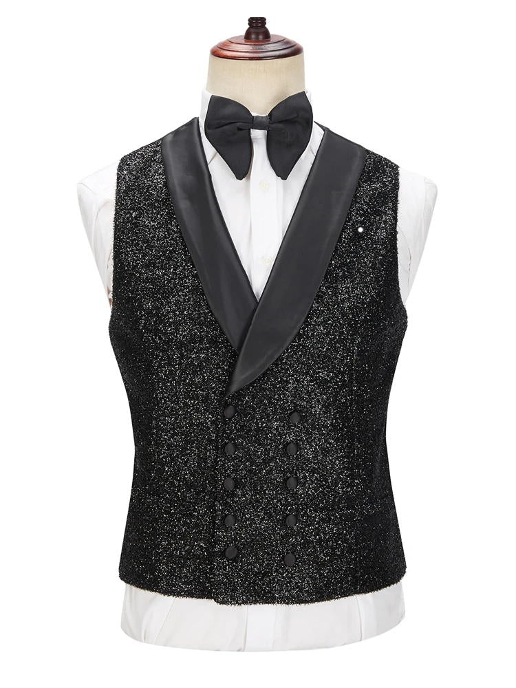 Sparkly Black 3 Piece Shawl Lapel Bespoke Suit