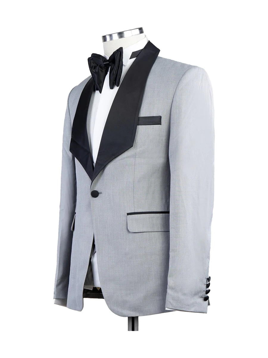 Light Grey 3 Piece Black Satin Lapel Suits