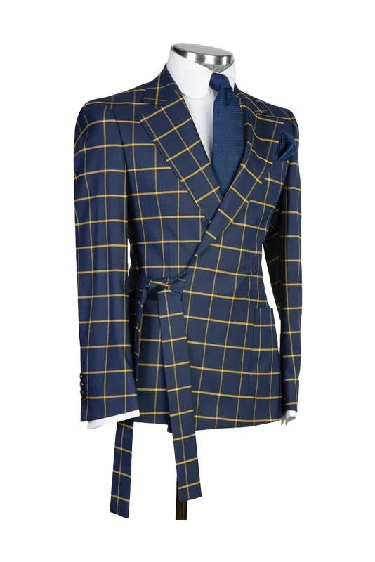 Navy Blue 2 Piece Fashion Belted Notch Lapel Plaid Suit
