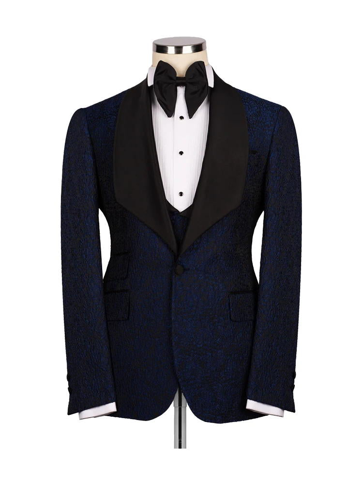 Navy Blue 3 Piece Jacquard Shawl Lapel Wedding Tuxedo