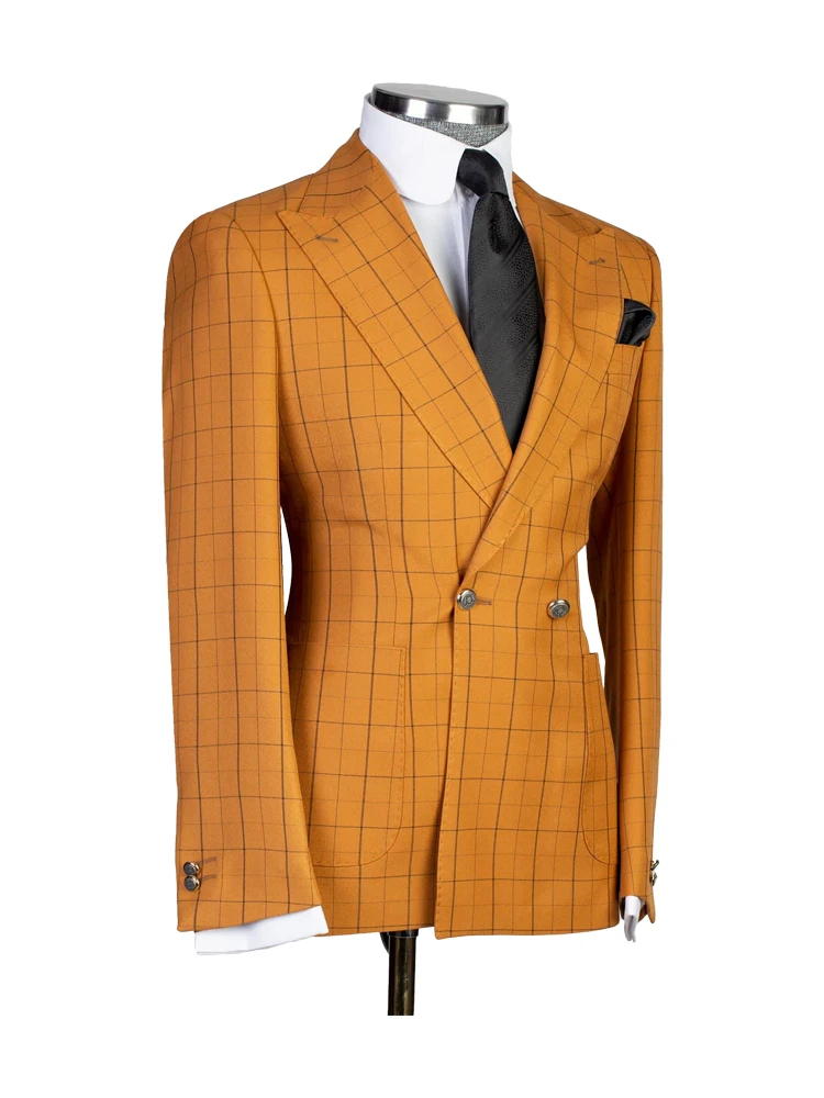 Orange 2 Piece Chic Plaid Peak Lapel Suits