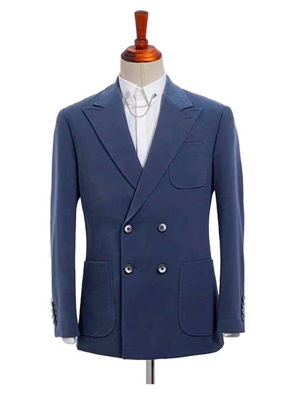 Navy Blue Double Breasted Peaked Lapel Suit For Formal Business