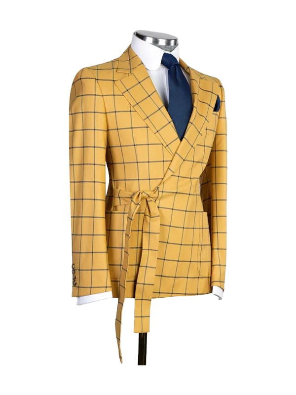 Yellow 2 Piece Fashion Belted Notch Lapel Plaid Suit