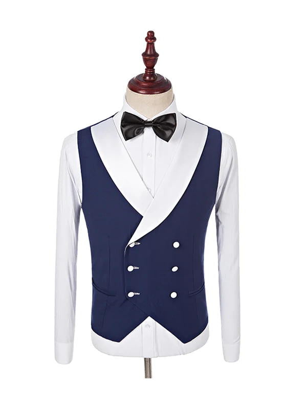 Navy Blue 3 Piece One Button White Shawl Lapel Wedding Tuxedos