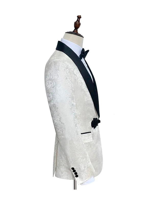 White Jacquard Knitted Button with Black Shawl Lapel Wedding Tuxedo for Men