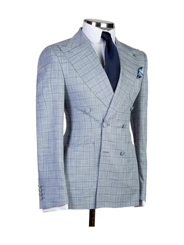 Blue Casual Plaid Double Breasted Suit