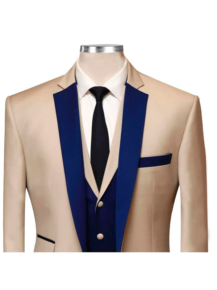 Khaki Party 3 Piece Suit With Blue Notch Lapel