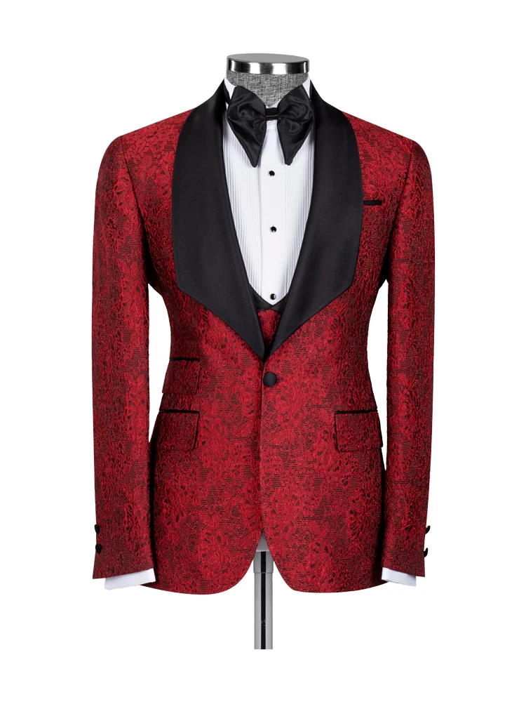 Red 3 Piece Jacquard Slim Fit Shawl Lapel Wedding Suits