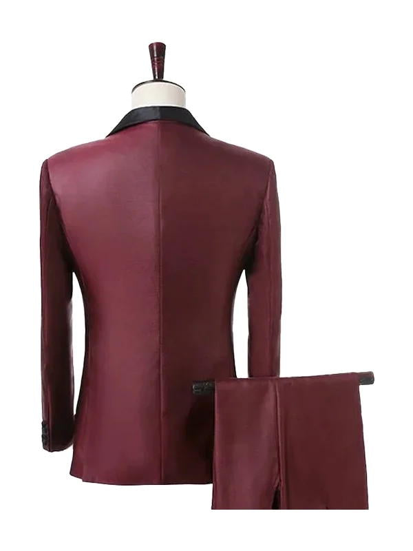 Burgundy 3 Piece Black Shawl Lapel Suits