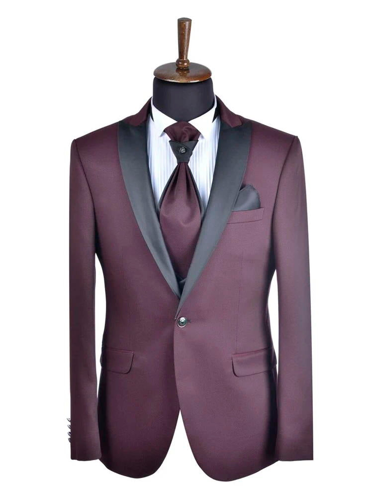Luxury Burgundy Peak Lapel Tuxedo 3 Piece Suit