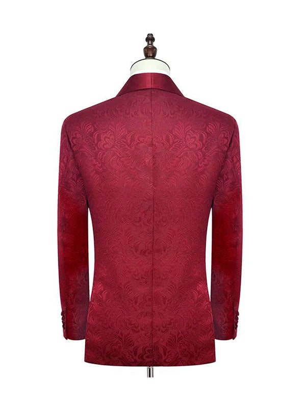 Burgundy Jacquard One Button Shawl Lapel Men's Suits for Wedding and Prom