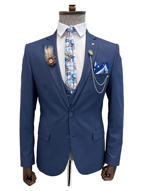 Dark Navy Blue Notch Lapel Men's Party 3 Piece Suit
