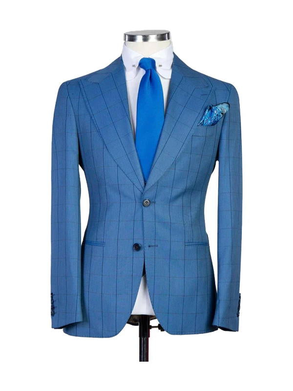 Blue Plaid Peak Lapel Single Breasted 3 Pieces Suits