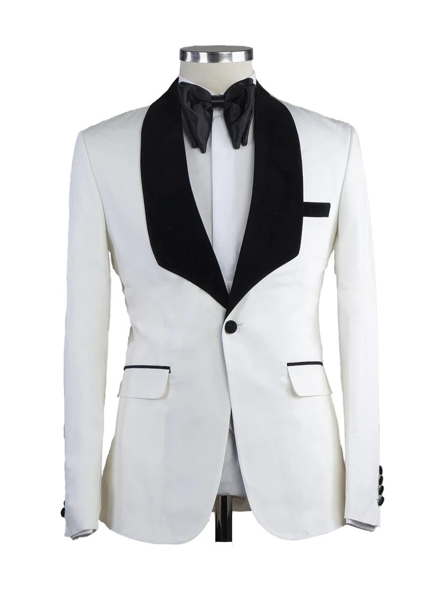 White 3 Piece With Black Satin Lapel Suits