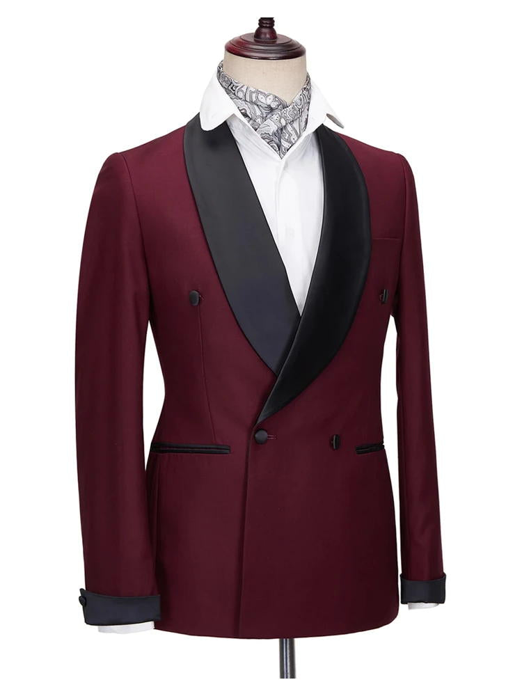 Burgundy Double Breasted Slim Fit Wedding Tuxedo 2 Piece Suit