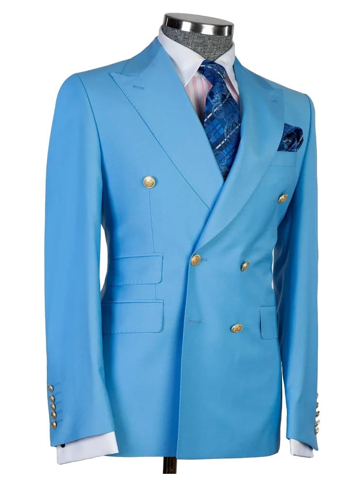 Light Blue Peak Lapel Double Breasted Gold Button Wedding Suit