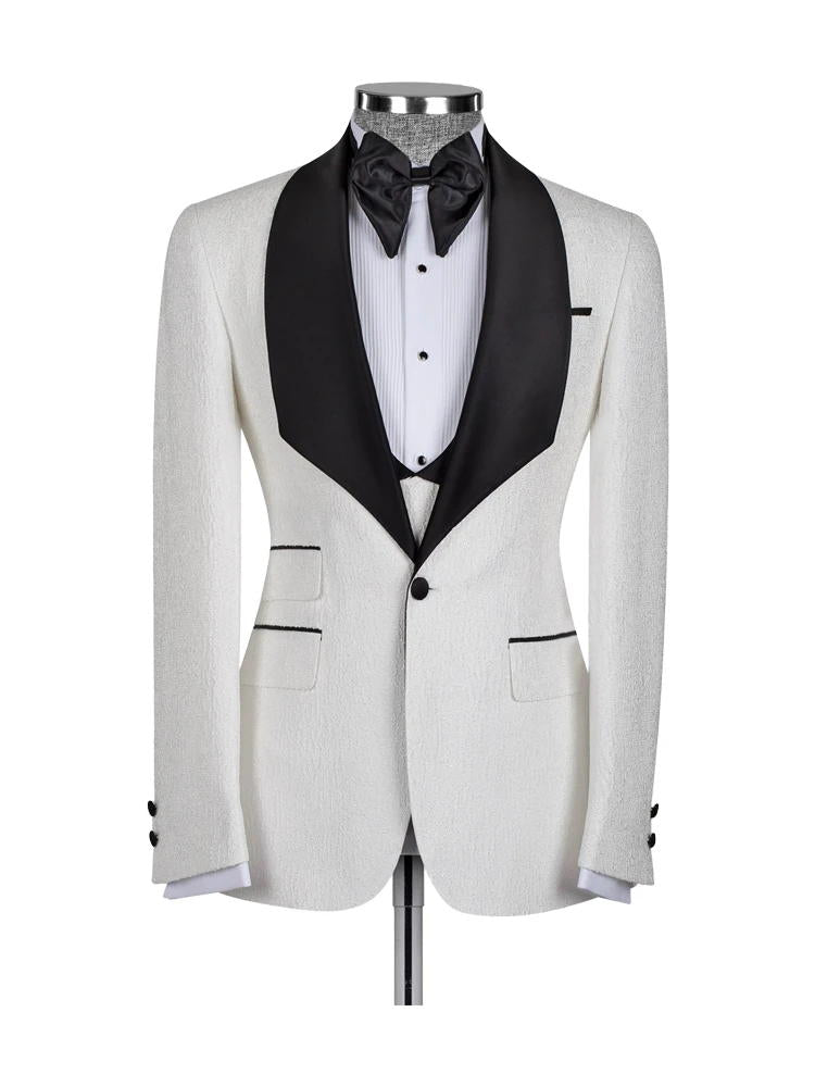 White 3 Piece Jacquard Slim Fit Shawl Lapel Wedding Suits
