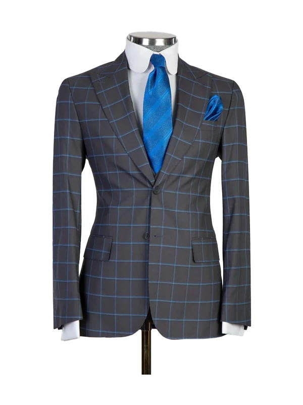 Dark Gray 3 Piece Luxurious Plaid Slim Fit Business Peaked Lapel Suits