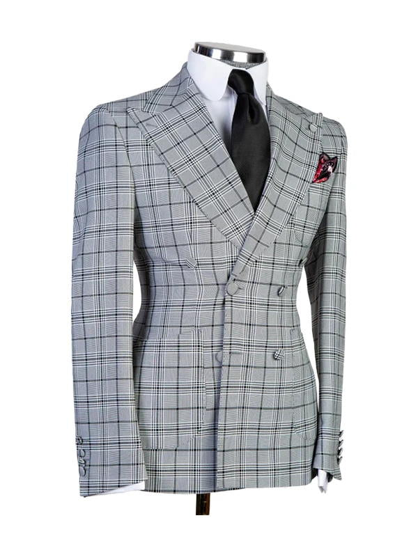 Grey Plaid Slim Fit Double Breasted Casual Suit