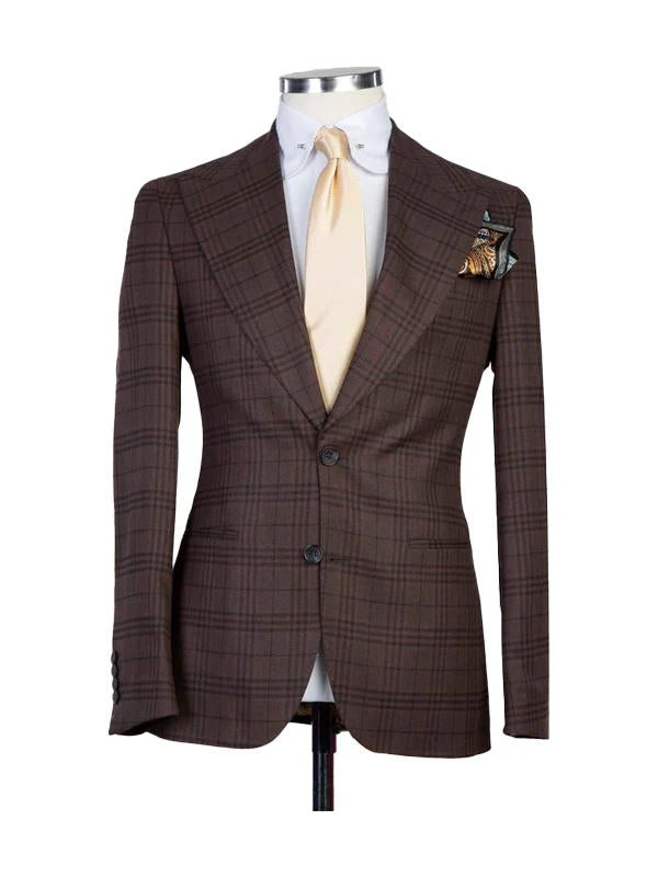 Brown Plaid Peak Lapel Single Breasted 3 Pieces Suits