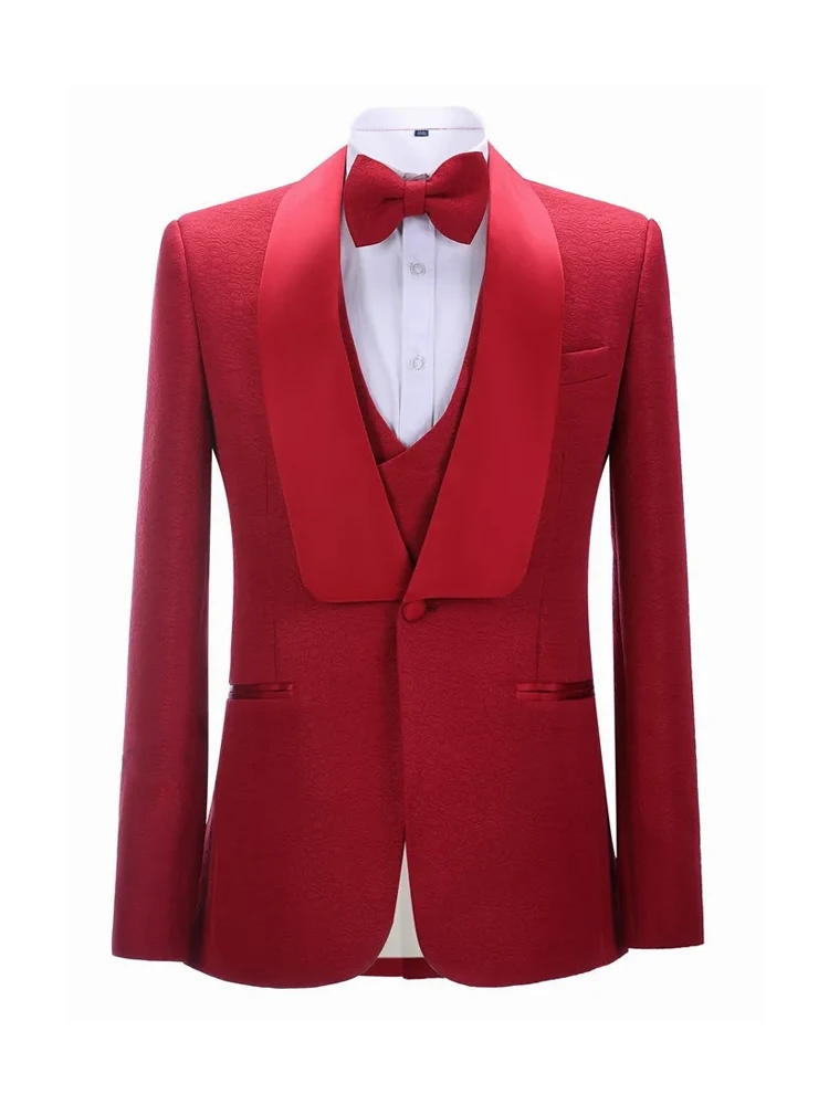 Red Shawl Lapel Slim Fit Wedding 3 Piece Suit