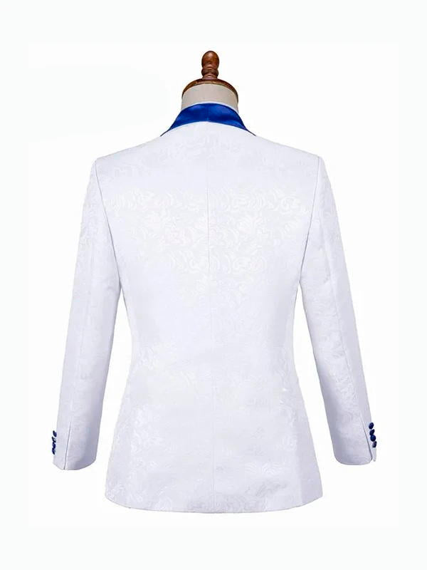 White 3 Pieces Jacquard Bespoke Tuxedo With Blue Shawl Lapel