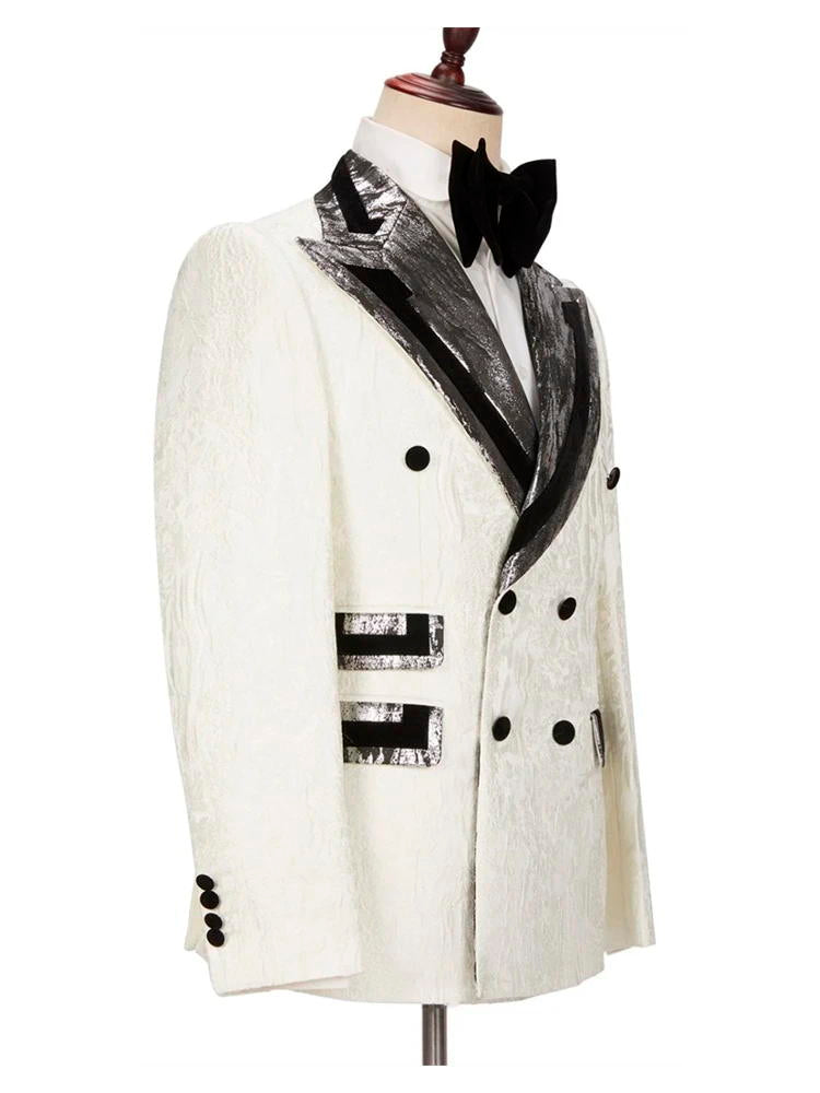 White Jacquard Peak Lapel Double Breasted Men's Suit
