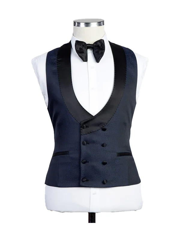 Navy Blue 3 Piece Wedding Suits With Burgundy Peak Lapel
