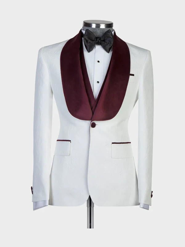 White 3 Piece Wedding Suits With Burgundy Shawl Lapel