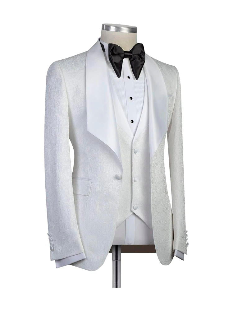 White 3 Piece Bespoke Jacquard Shawl Lapel Wedding Tuxedo