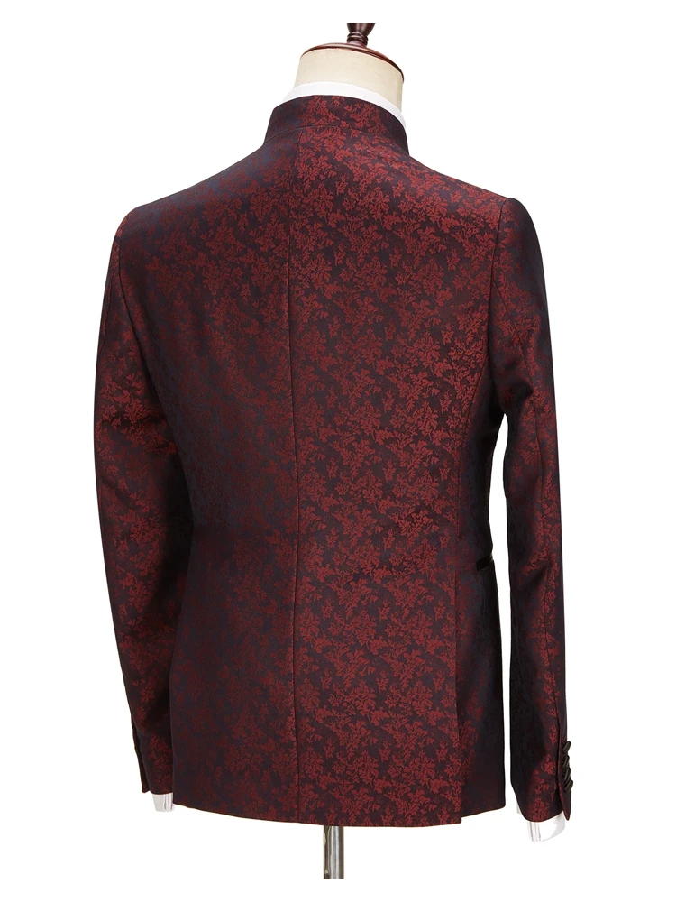 Burgundy Jacquard 3 Piece Wedding Suit with Special Lapel