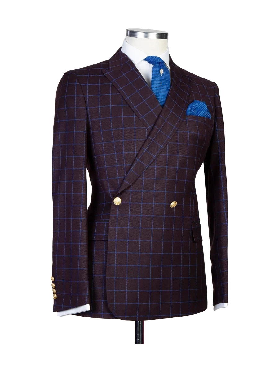 Dark Brown 2 Piece Plaid Dark Double Breasted Peak Lapel Suit