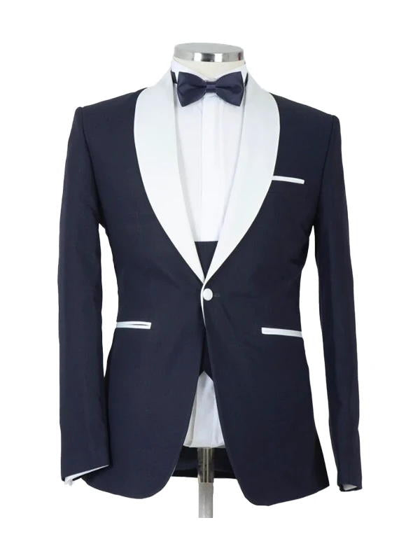 Navy Blue 3 Piece White Shawl Lapel Tuxedo
