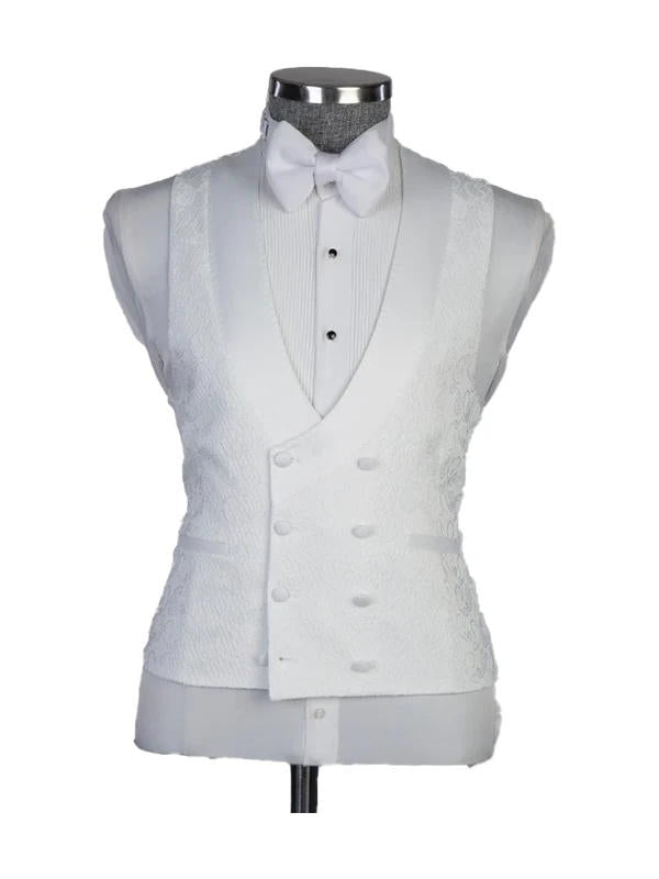 White Jacquard Peak Lapel 3 Piece Men's Suit