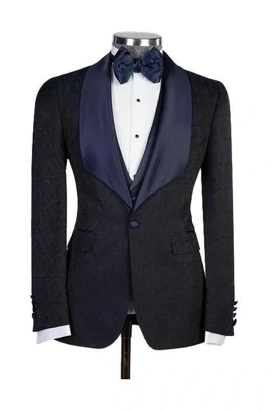 Black 3 Piece Bespoke Jacquard Shawl Lapel Tuxedo