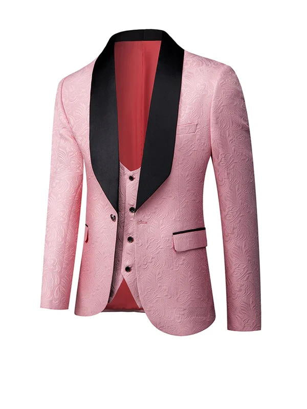 Black Satin Lapel Jacquard Pink Prom Suit