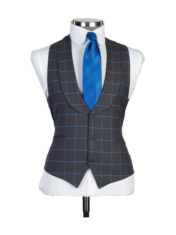 Dark Gray 3 Piece Luxurious Plaid Slim Fit Business Peaked Lapel Suits